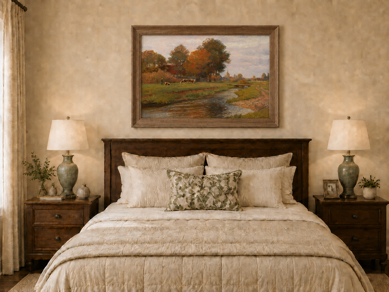 Landscape Oil Painting - Autumn Creek and Pastoral Meadow