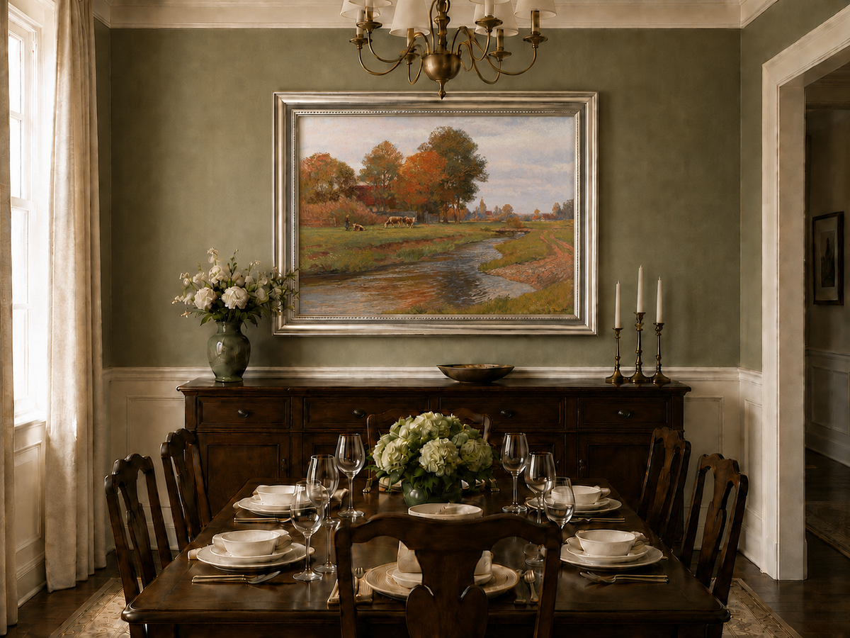 Landscape Oil Painting - Autumn Creek and Pastoral Meadow