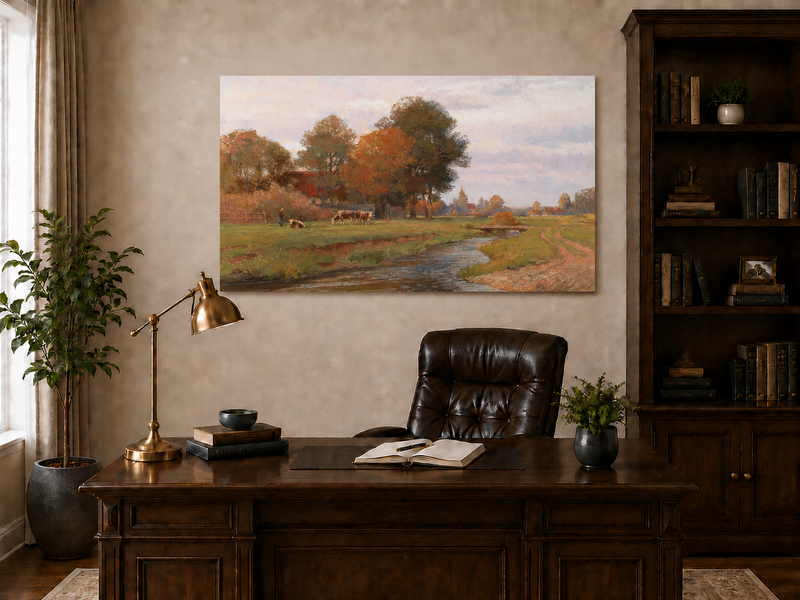 Landscape Oil Painting - Autumn Creek and Pastoral Meadow