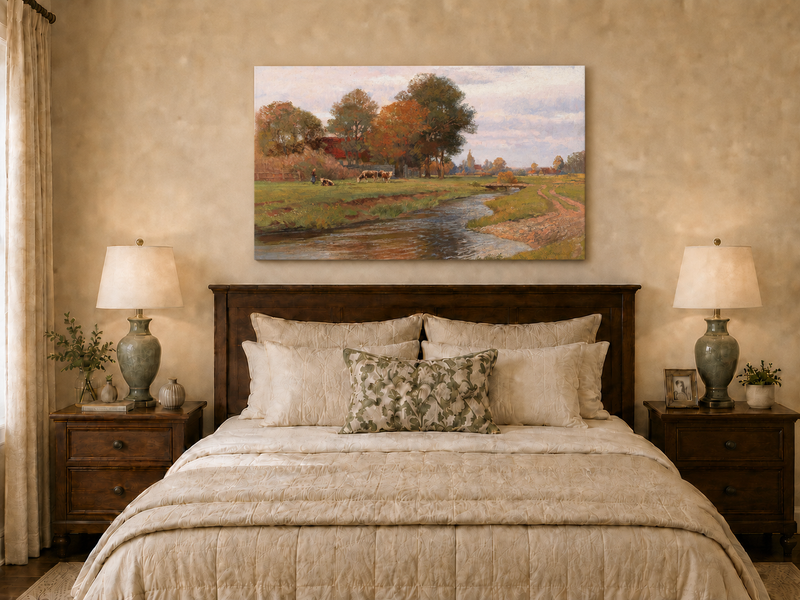 Landscape Oil Painting - Autumn Creek and Pastoral Meadow