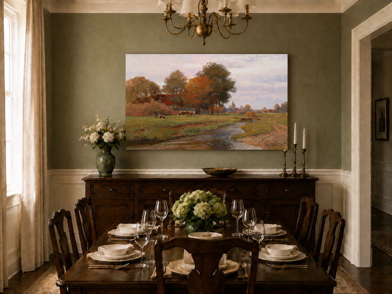 Landscape Oil Painting - Autumn Creek and Pastoral Meadow