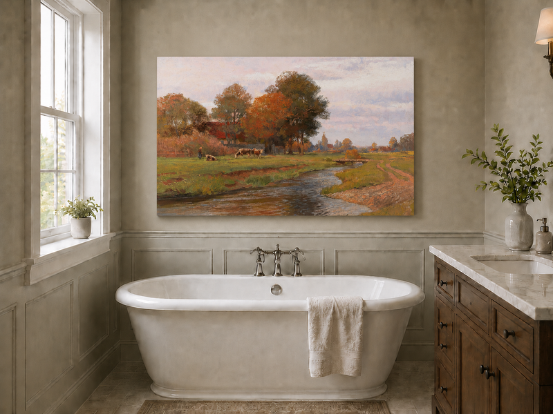 Landscape Oil Painting - Autumn Creek and Pastoral Meadow