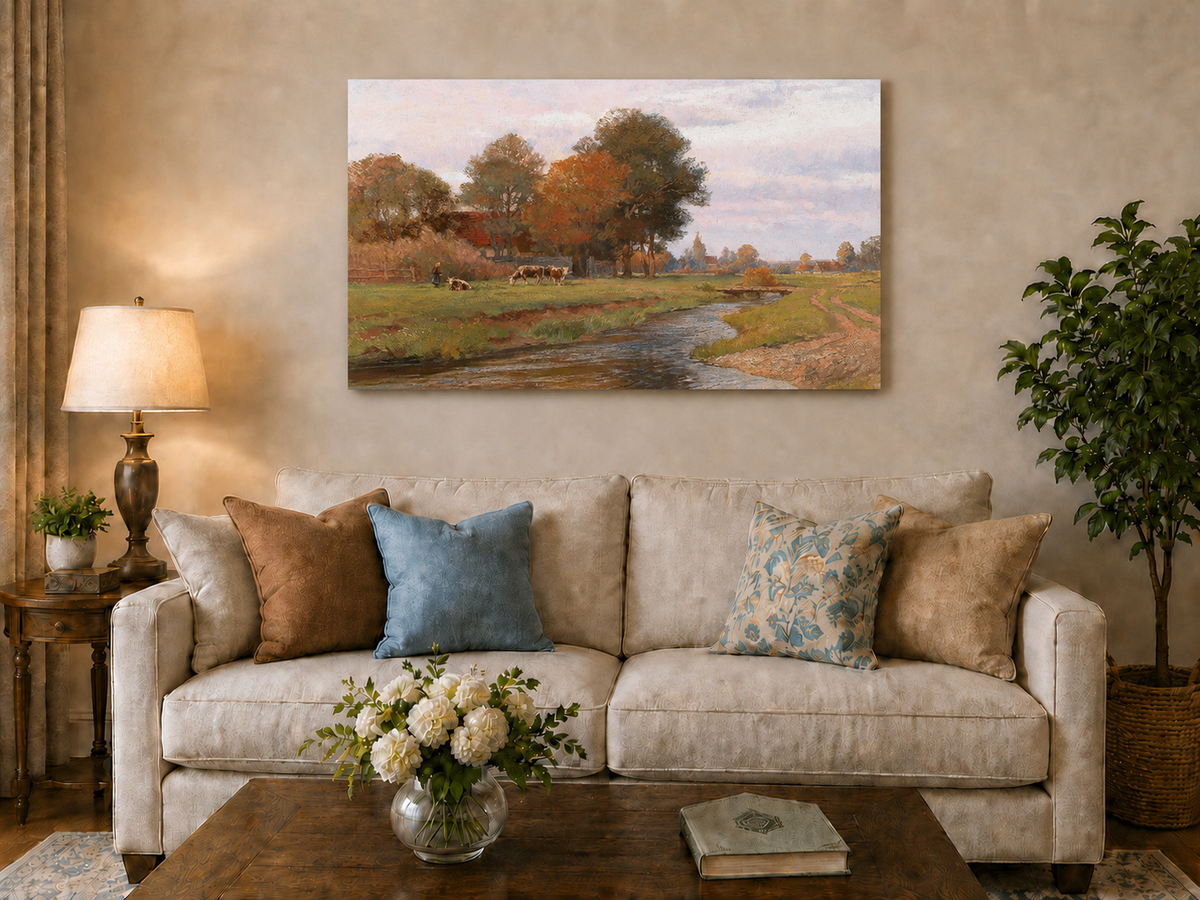 Landscape Oil Painting - Autumn Creek and Pastoral Meadow