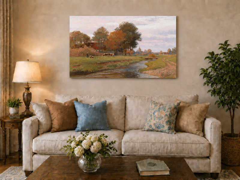 Landscape Oil Painting - Autumn Creek and Pastoral Meadow