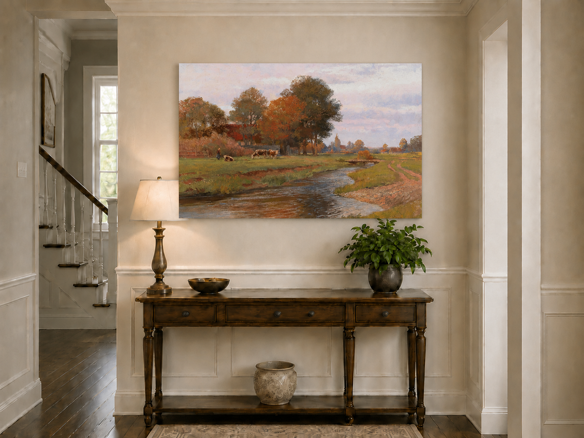 Landscape Oil Painting - Autumn Creek and Pastoral Meadow