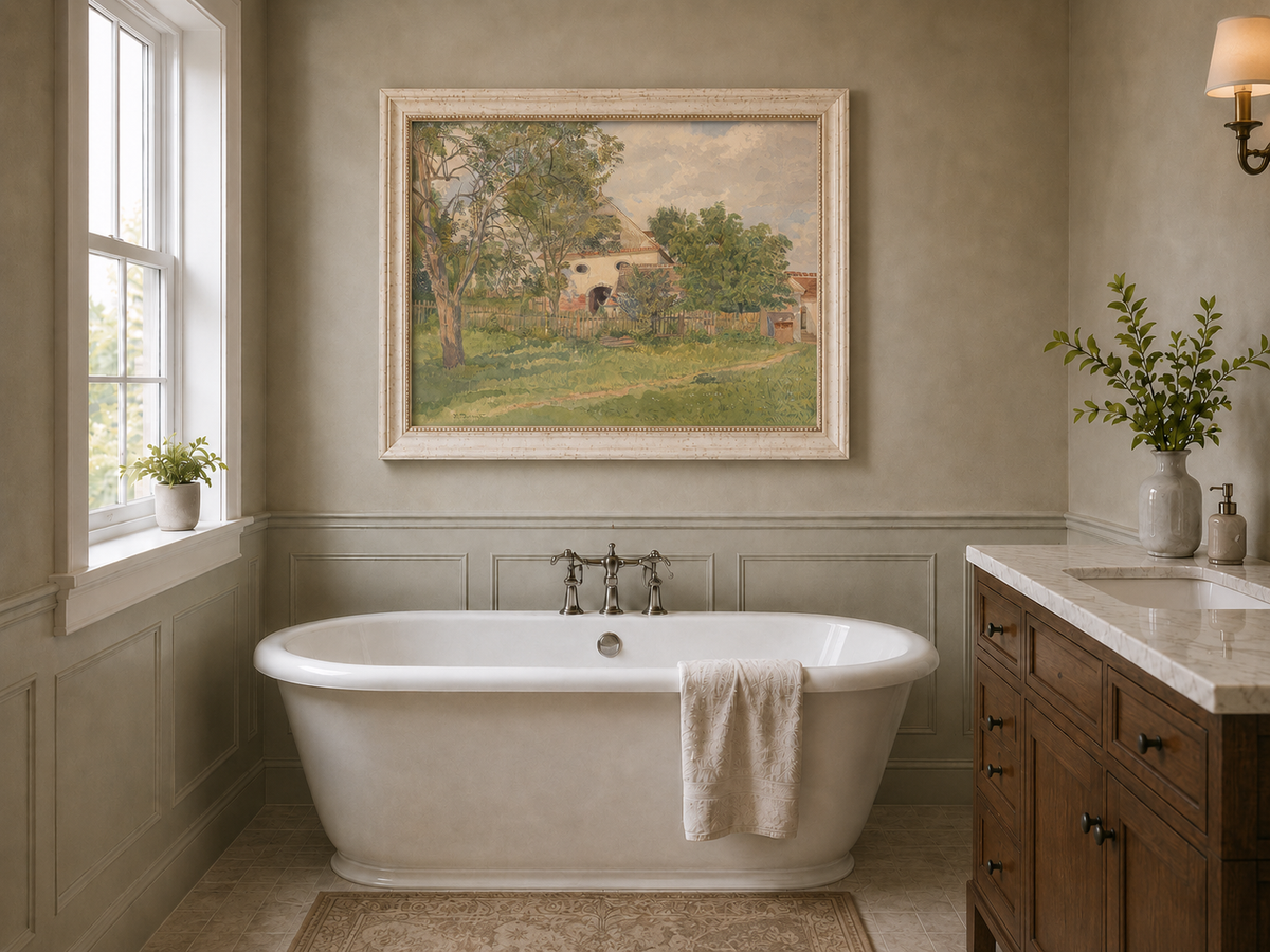 Landscape Oil Painting - Rustic Farmhouse and Garden Path View