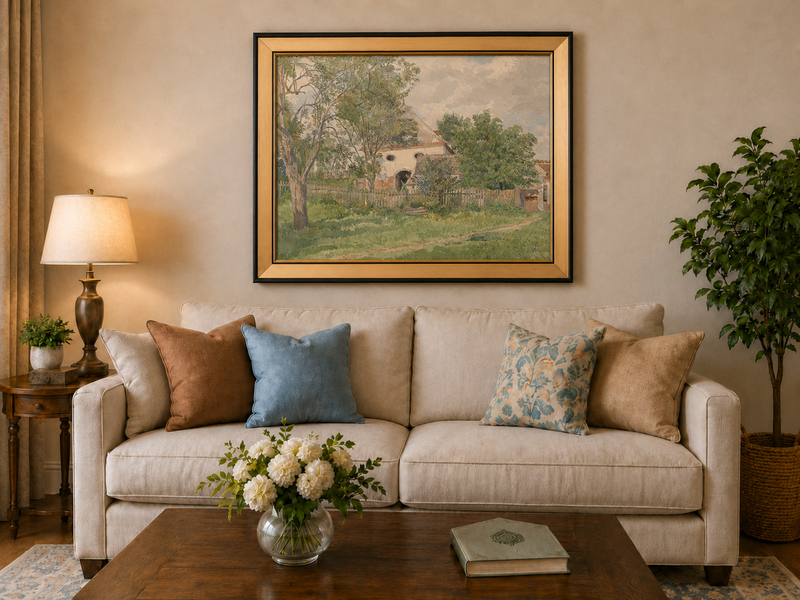 Landscape Oil Painting - Rustic Farmhouse and Garden Path View