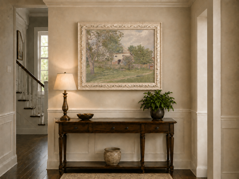 Landscape Oil Painting - Rustic Farmhouse and Garden Path View