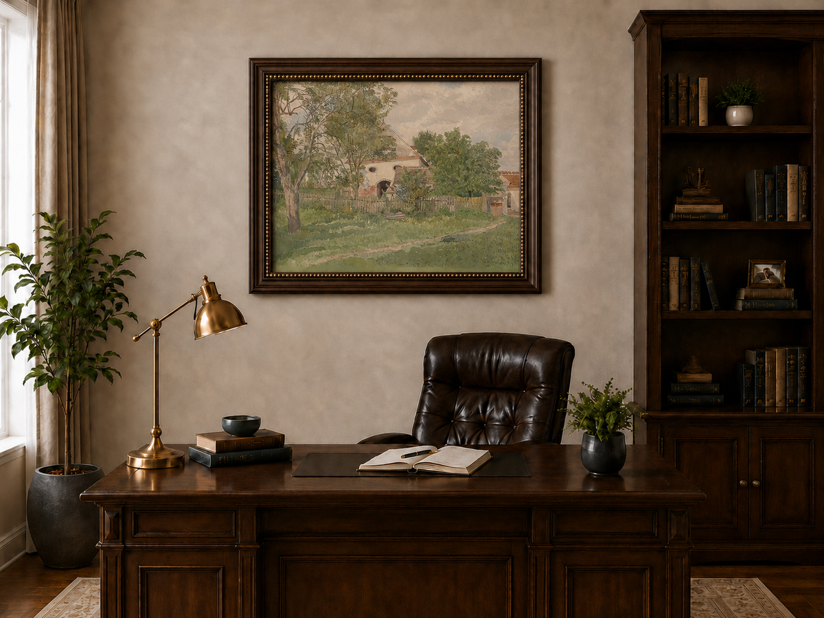 Landscape Oil Painting - Rustic Farmhouse and Garden Path View