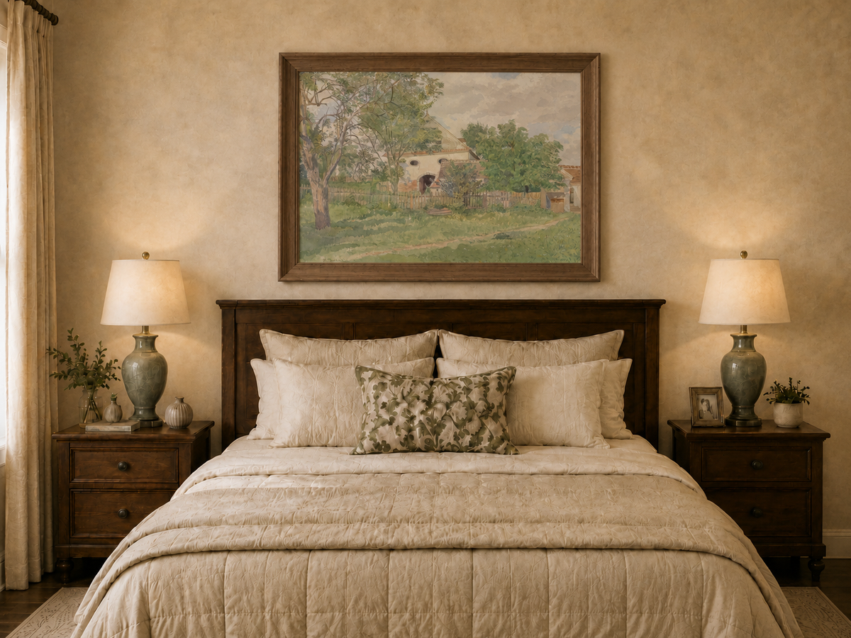 Landscape Oil Painting - Rustic Farmhouse and Garden Path View