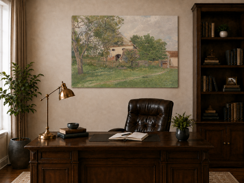 Landscape Oil Painting - Rustic Farmhouse and Garden Path View