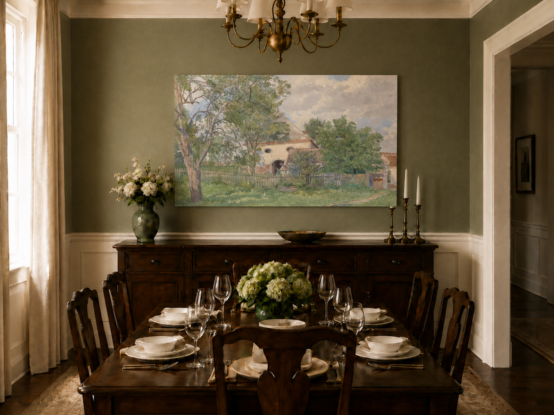 Landscape Oil Painting - Rustic Farmhouse and Garden Path View