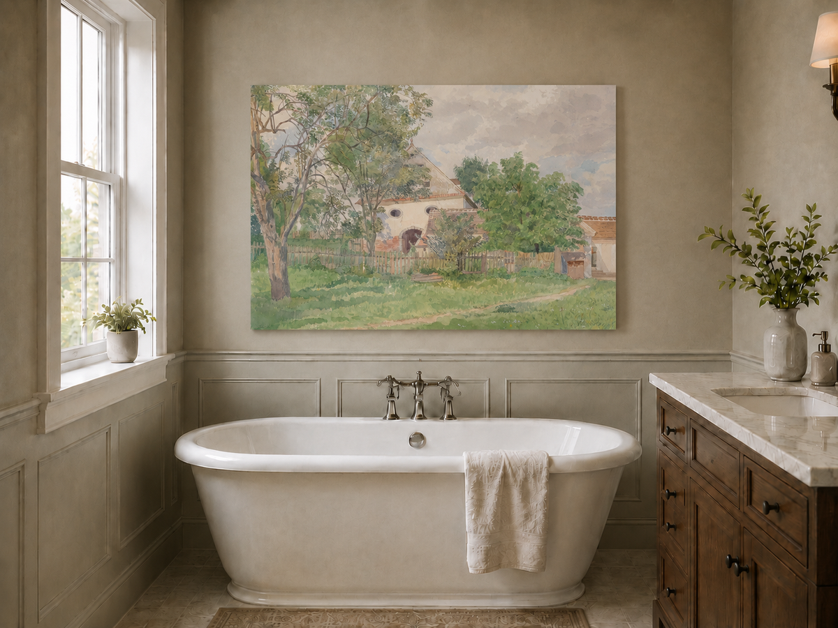 Landscape Oil Painting - Rustic Farmhouse and Garden Path View