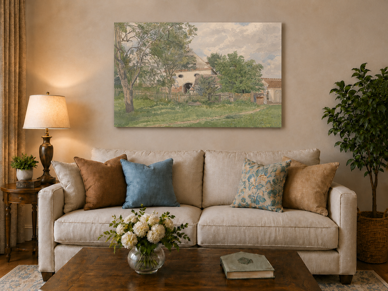 Landscape Oil Painting - Rustic Farmhouse and Garden Path View
