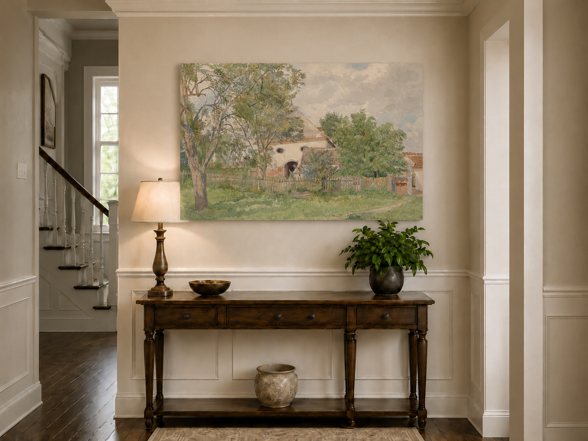 Landscape Oil Painting - Rustic Farmhouse and Garden Path View