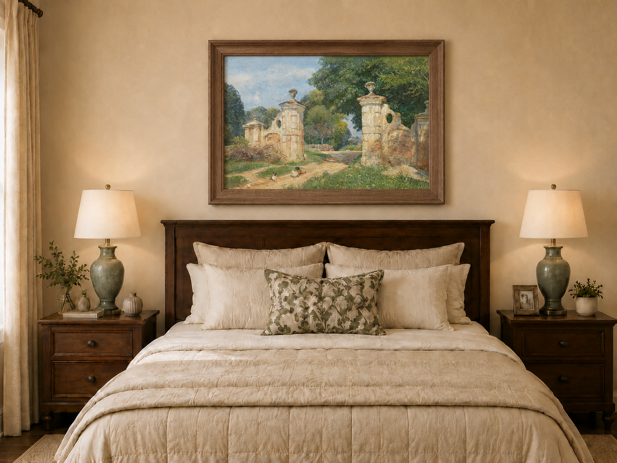 Landscape Oil Painting - Rustic Garden Gate and Country Lane