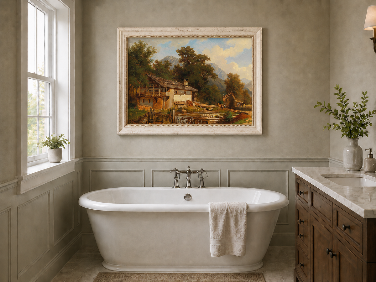 Landscape Oil Painting - Rustic Watermill and Alpine Cabin Scene