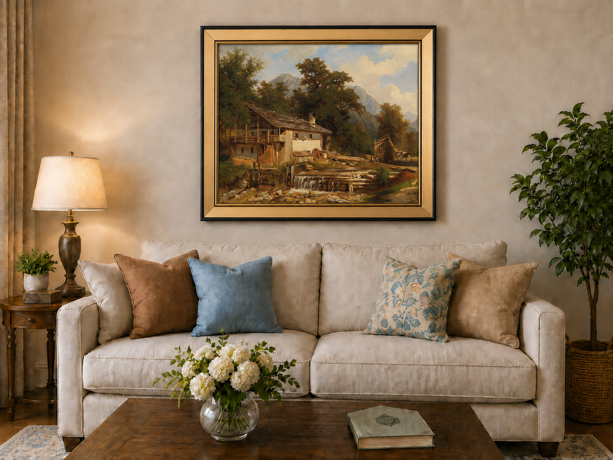 Landscape Oil Painting - Rustic Watermill and Alpine Cabin Scene