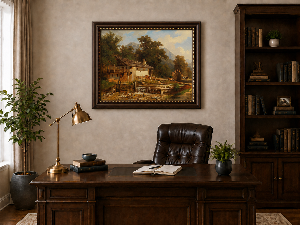 Landscape Oil Painting - Rustic Watermill and Alpine Cabin Scene
