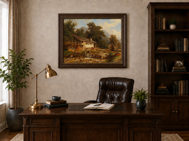 Landscape Oil Painting - Rustic Watermill and Alpine Cabin Scene