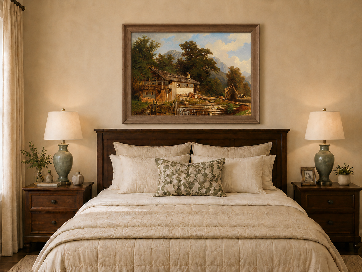 Landscape Oil Painting - Rustic Watermill and Alpine Cabin Scene