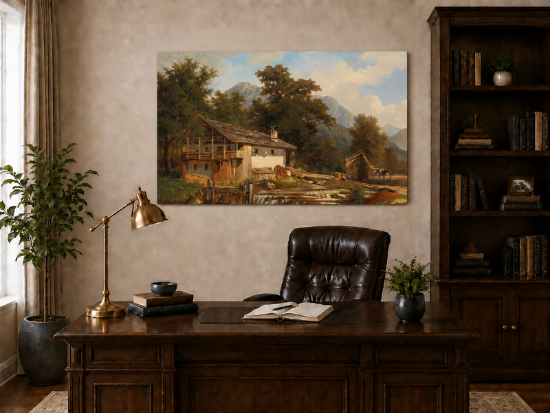 Landscape Oil Painting - Rustic Watermill and Alpine Cabin Scene