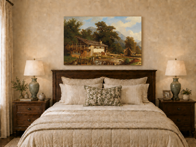 Landscape Oil Painting - Rustic Watermill and Alpine Cabin Scene