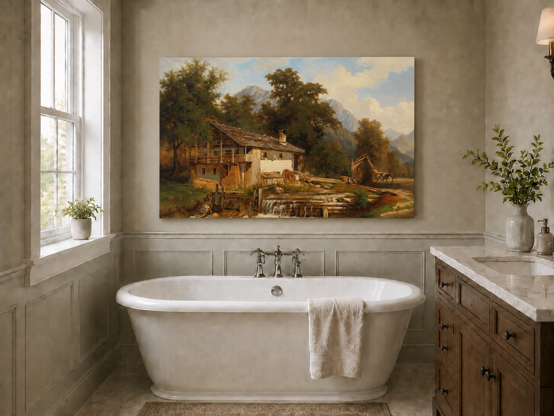 Landscape Oil Painting - Rustic Watermill and Alpine Cabin Scene