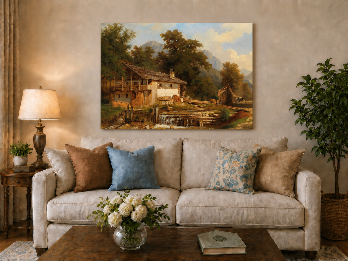 Landscape Oil Painting - Rustic Watermill and Alpine Cabin Scene