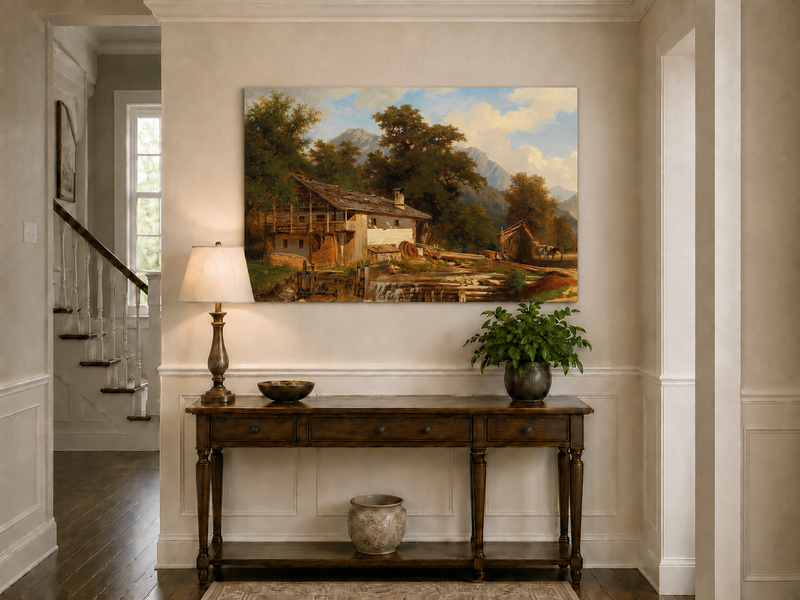 Landscape Oil Painting - Rustic Watermill and Alpine Cabin Scene