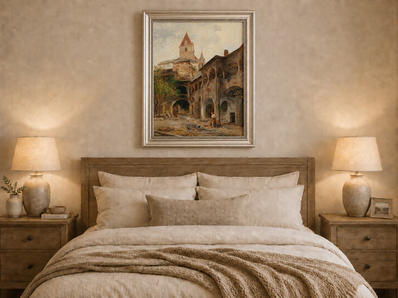 Landscape Oil Painting - Old Town Courtyard & Church Tower