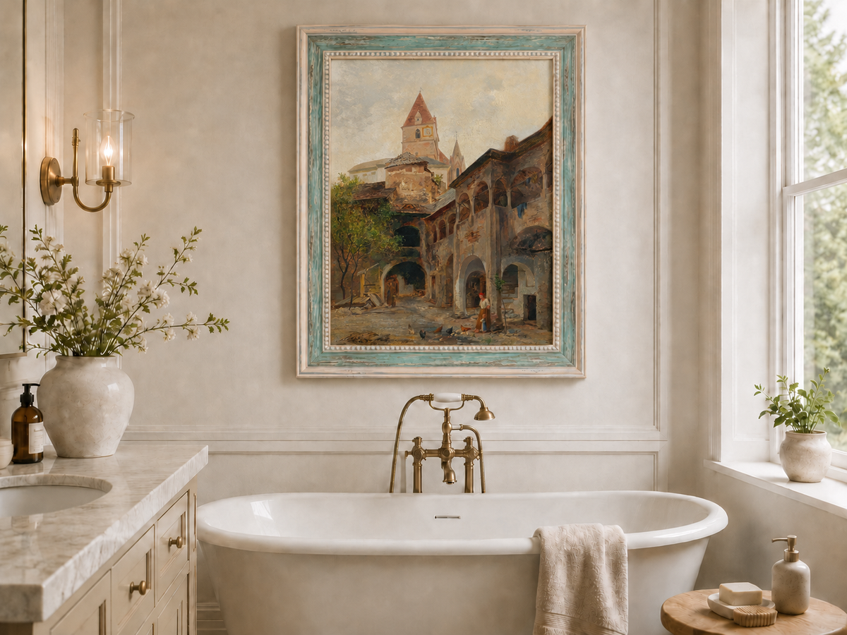 Landscape Oil Painting - Old Town Courtyard & Church Tower