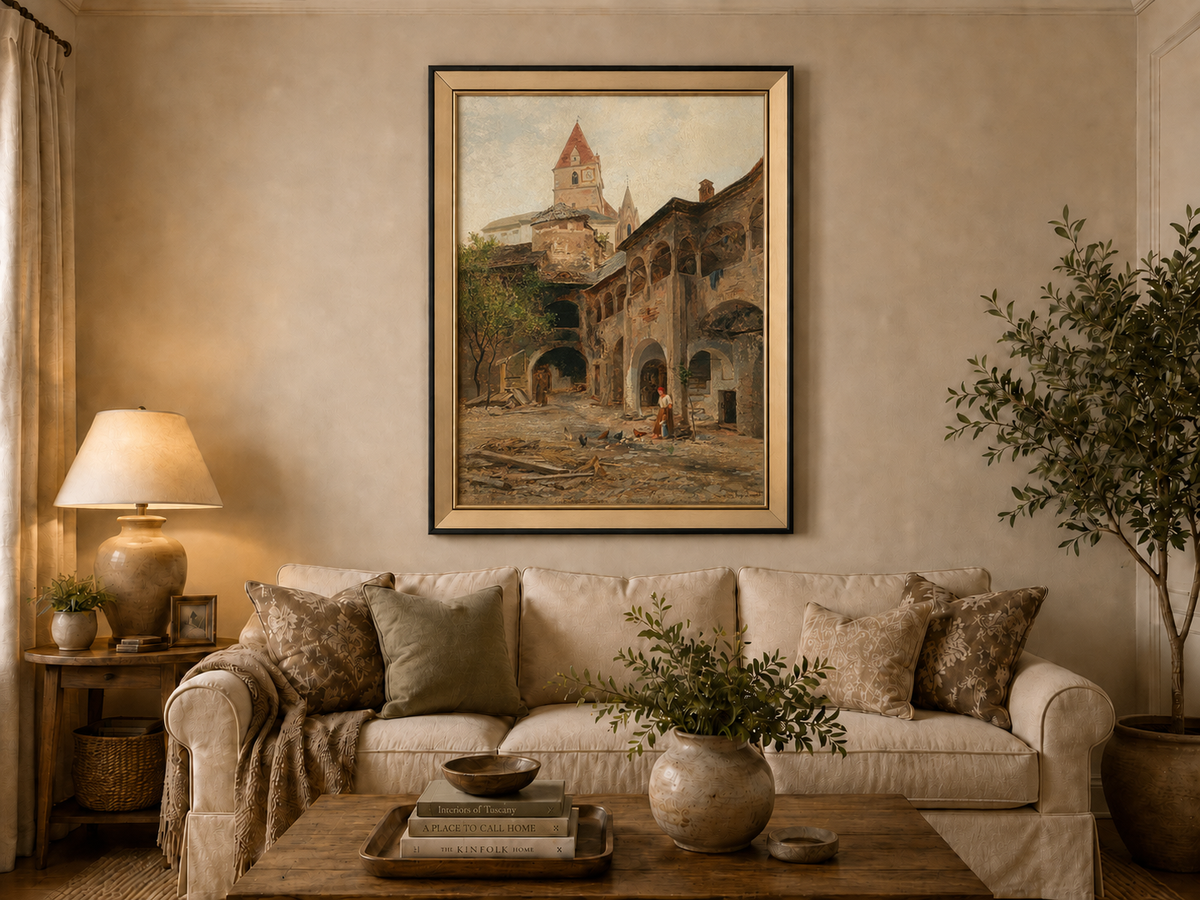 Landscape Oil Painting - Old Town Courtyard & Church Tower