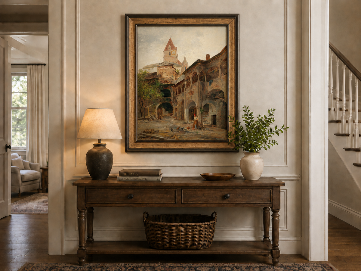 Landscape Oil Painting - Old Town Courtyard & Church Tower