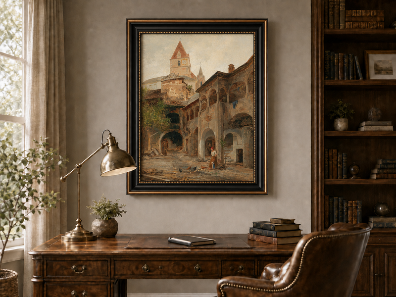 Landscape Oil Painting - Old Town Courtyard & Church Tower