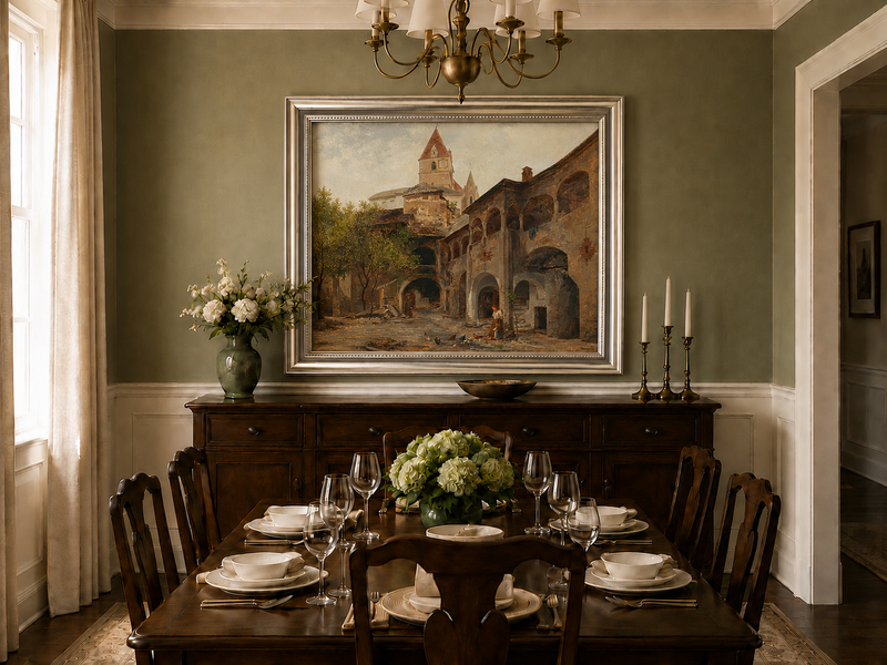 Landscape Oil Painting - Old Town Courtyard & Church Tower