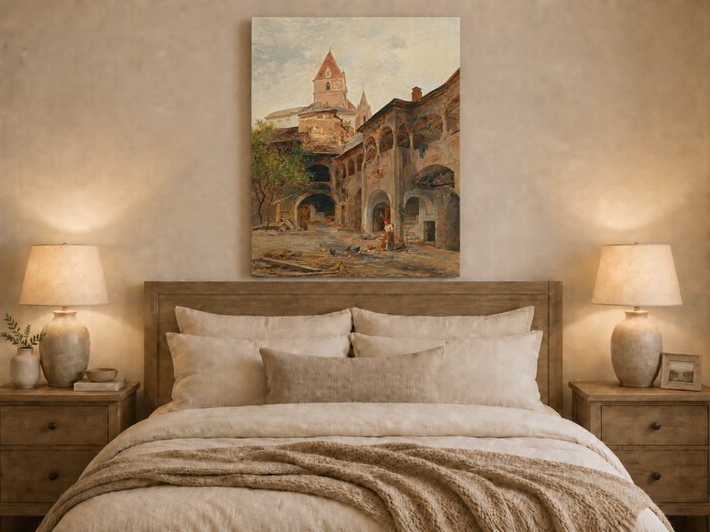 Landscape Oil Painting - Old Town Courtyard & Church Tower