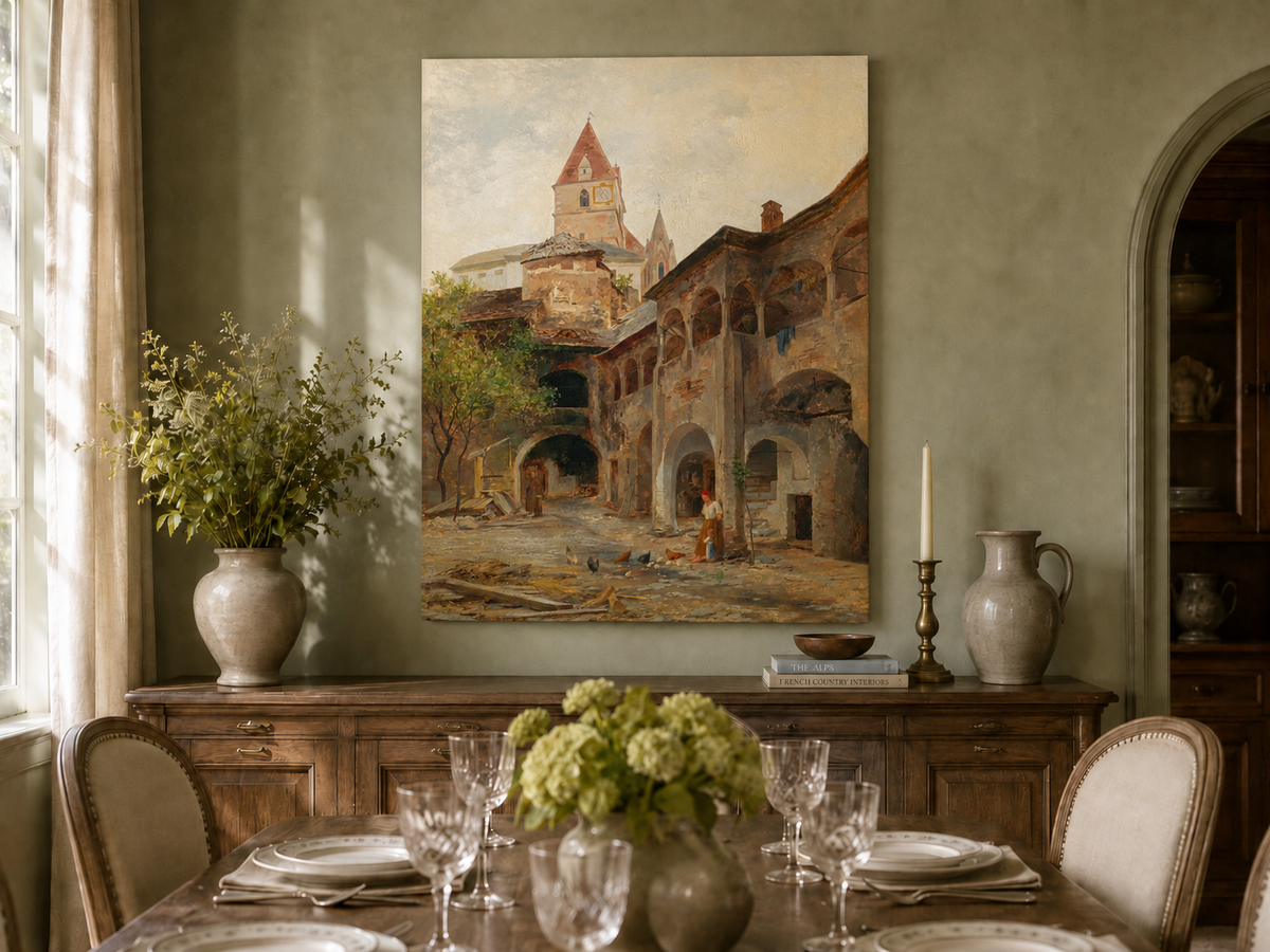 Landscape Oil Painting - Old Town Courtyard & Church Tower
