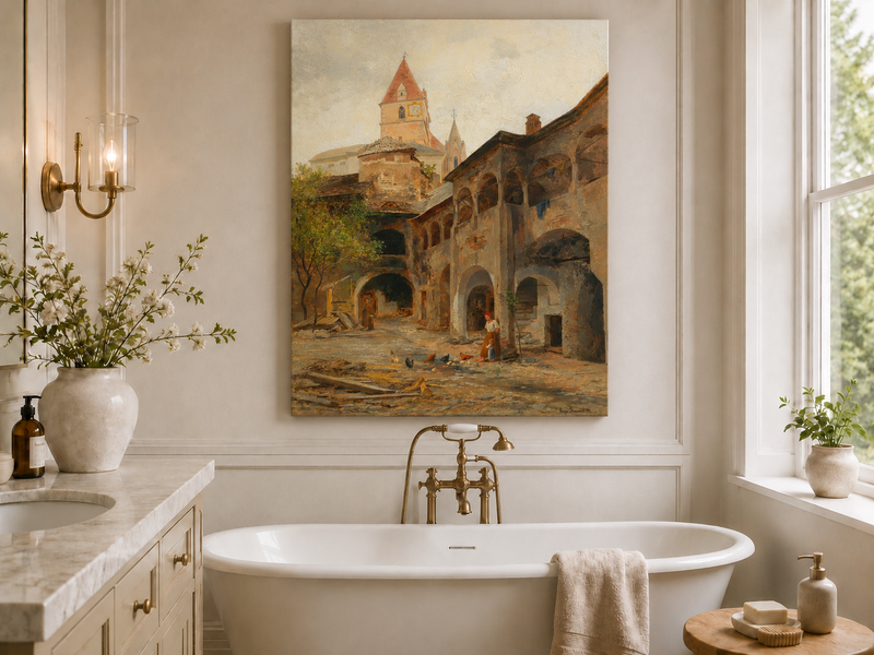 Landscape Oil Painting - Old Town Courtyard & Church Tower
