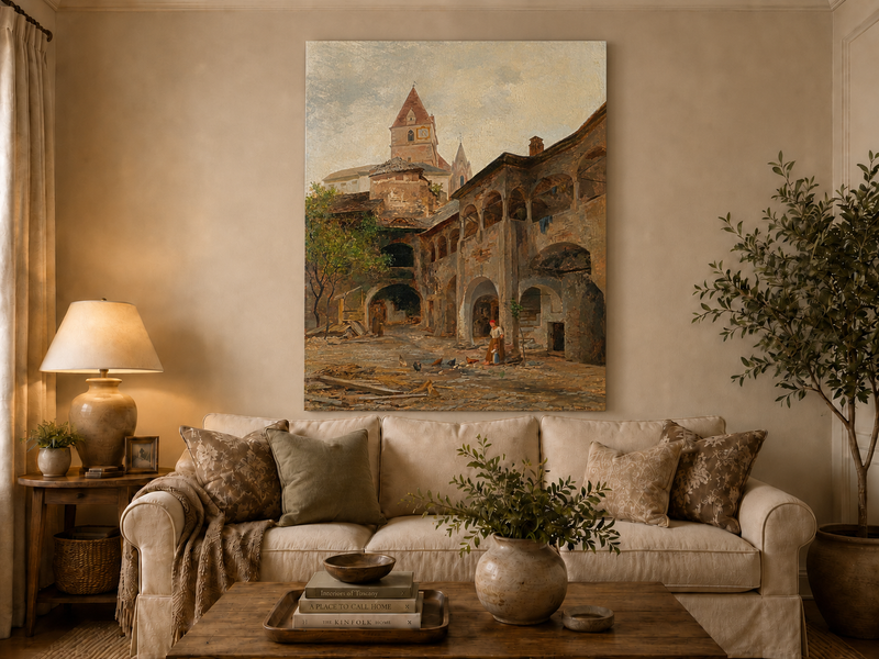 Landscape Oil Painting - Old Town Courtyard & Church Tower