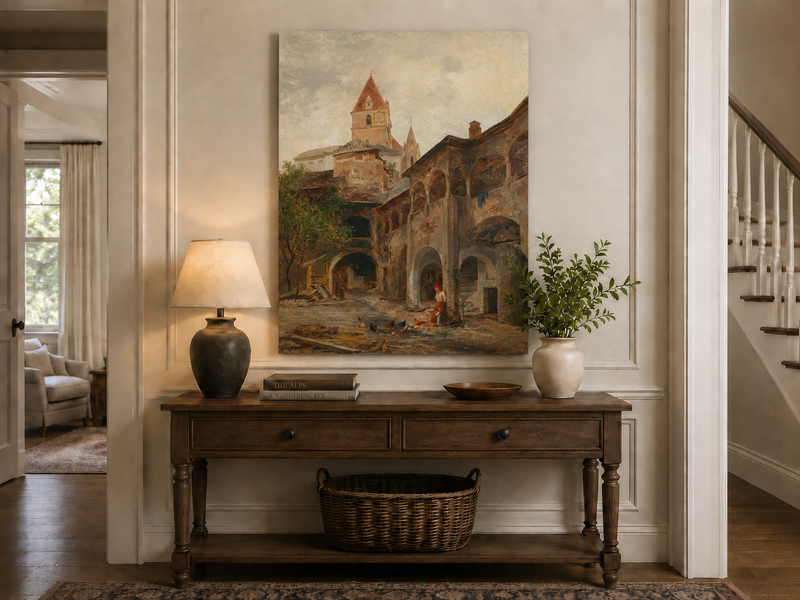 Landscape Oil Painting - Old Town Courtyard & Church Tower