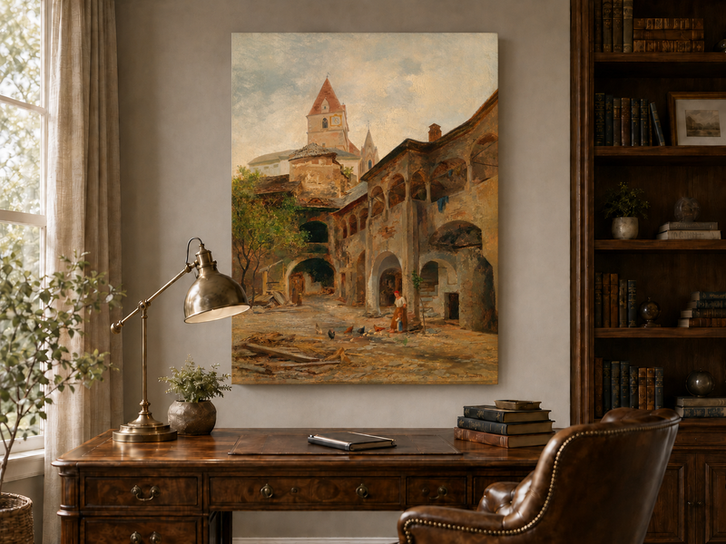 Landscape Oil Painting - Old Town Courtyard & Church Tower