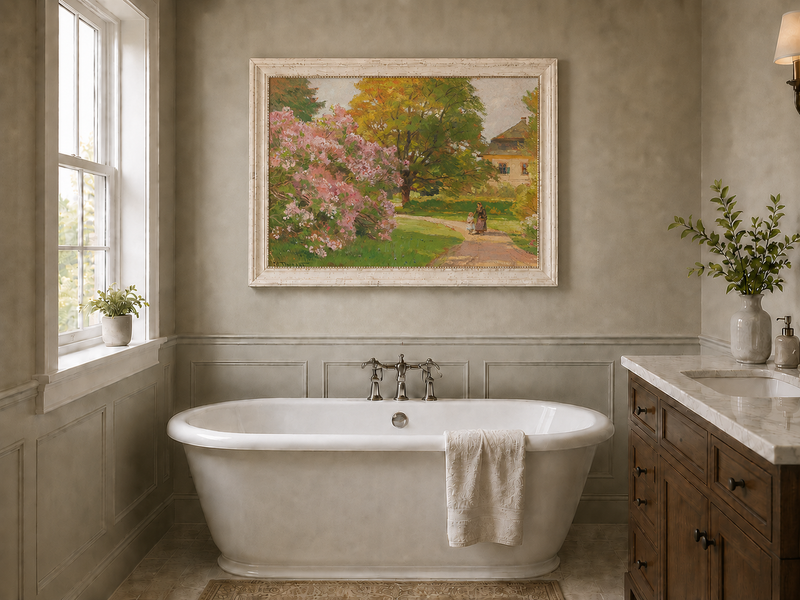 Landscape Oil Painting - Blooming Garden Path and Cottage Scene