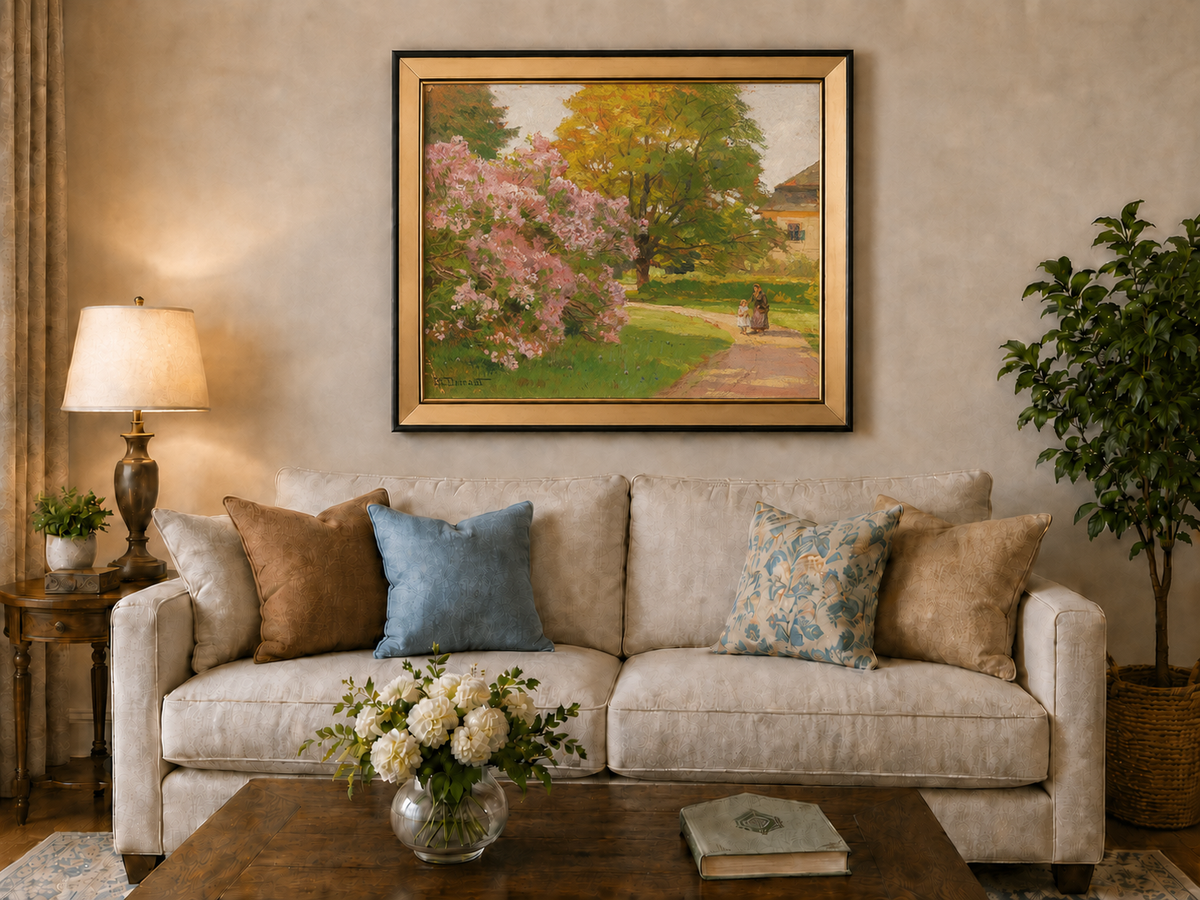 Landscape Oil Painting - Blooming Garden Path and Cottage Scene