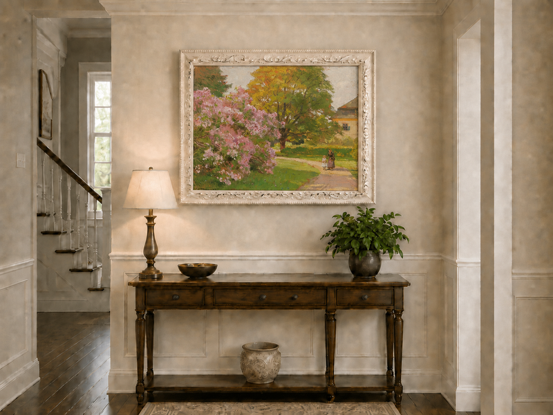 Landscape Oil Painting - Blooming Garden Path and Cottage Scene