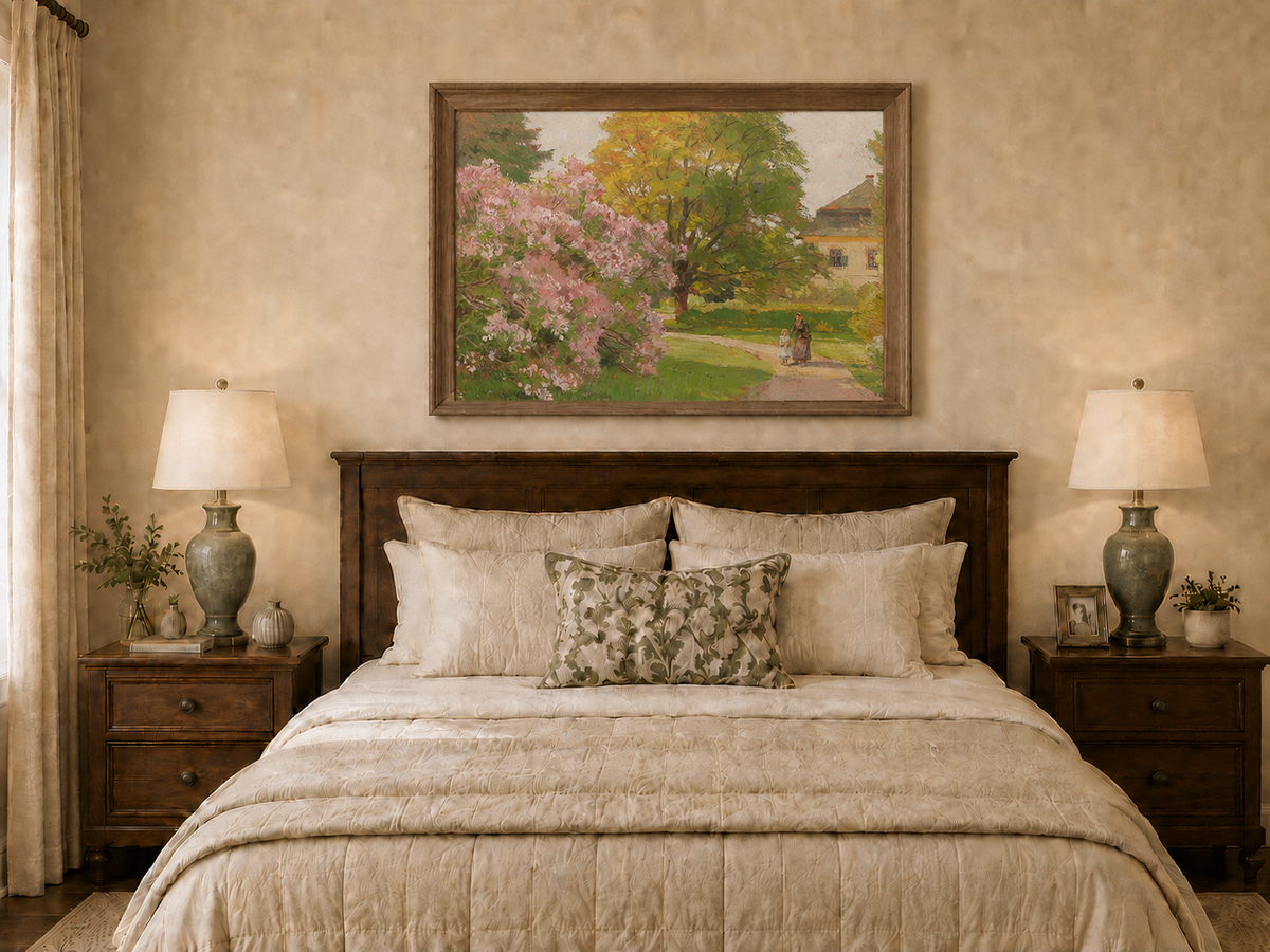 Landscape Oil Painting - Blooming Garden Path and Cottage Scene