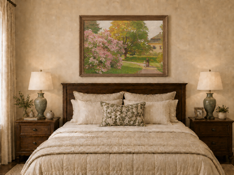 Landscape Oil Painting - Blooming Garden Path and Cottage Scene