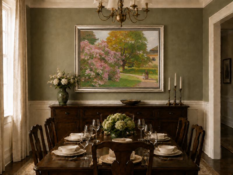 Landscape Oil Painting - Blooming Garden Path and Cottage Scene