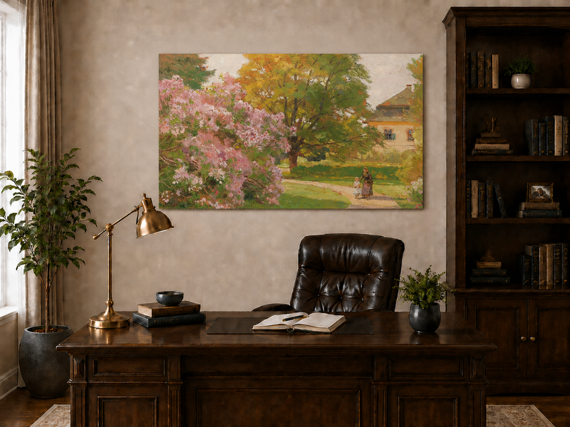 Landscape Oil Painting - Blooming Garden Path and Cottage Scene
