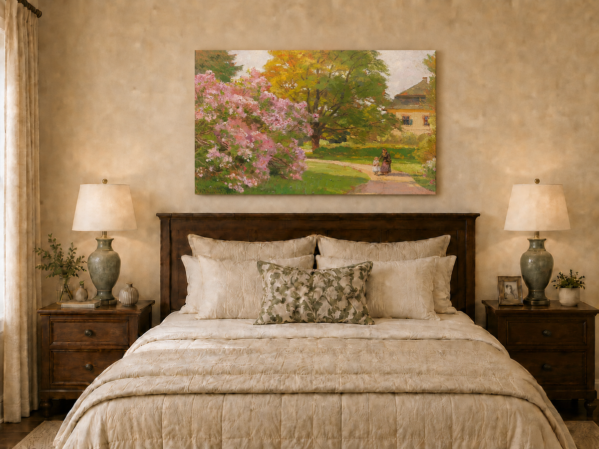 Landscape Oil Painting - Blooming Garden Path and Cottage Scene